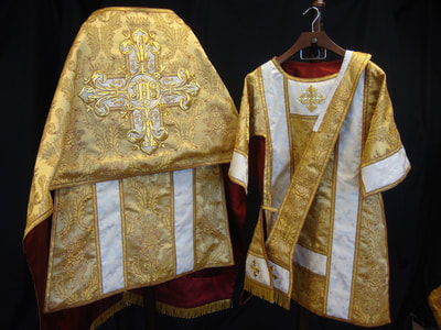 Fleur d' Lys humeral veil, dalmatic and deacon stole